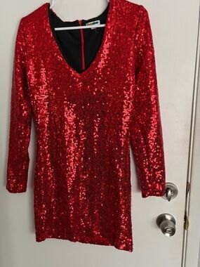 Tipsy Elves Red Sequin V-Neck Mini Dress